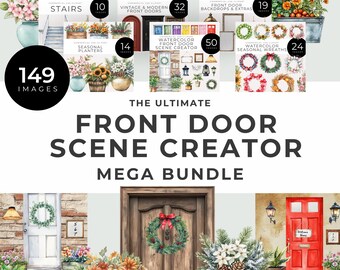 Watercolor Front Door Scene Creator Mega Bundle, Seasonal Wreaths, Planters, Stairs & Backdrops, Architecture Elements, Entryway Decor, Sign
