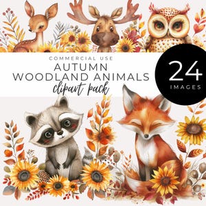 Imágenes prediseñadas de animales del bosque otoñal (descarga instantánea): Amigos del bosque con flores, arte infantil de otoño, decoración rústica para bodas, baby shower de cosecha