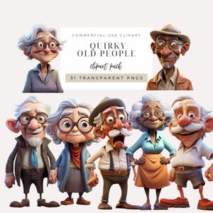 Eigenzinnige oude mensen clipartpakket INSTANT DOWNLOAD Leuke en grillige senior illustraties, senioren dames, oudere man, commercieel gebruik