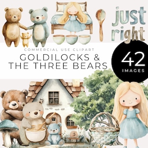 Clipart di Riccioli d'oro e i tre orsi, download istantaneo, grafica di fiabe ad acquerello, decorazioni per libri di fiabe, decorazioni murali per la cameretta dei bambini, stampe per bambini