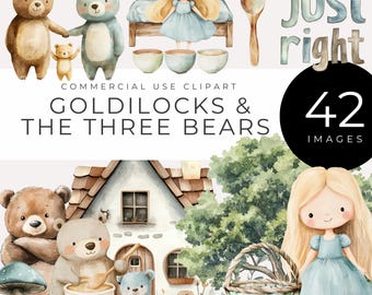 Goldilocks and the Three Bears Clipart Instant Download Watercolor Fairy Tale Graphics, Storybook Decor, Nursery Wall Art, Kids Printables