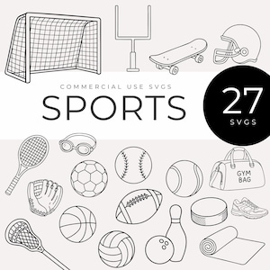 May include: Black and white line art illustrations of various sports equipment, including a soccer goal, football goalpost, skateboard, helmet, tennis racket, goggles, soccer ball, baseball, tennis ball, baseball glove, basketball, football, bowling pin, hockey puck, running shoe, and a gym bag. The word "SPORTS" is written in large font.