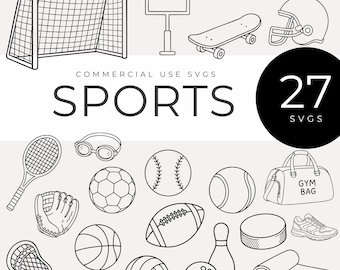 May include: Black and white line art illustrations of various sports equipment, including a soccer goal, football goalpost, skateboard, helmet, tennis racket, goggles, soccer ball, baseball, tennis ball, baseball glove, basketball, football, bowling pin, hockey puck, running shoe, and a gym bag. The word "SPORTS" is written in large font.