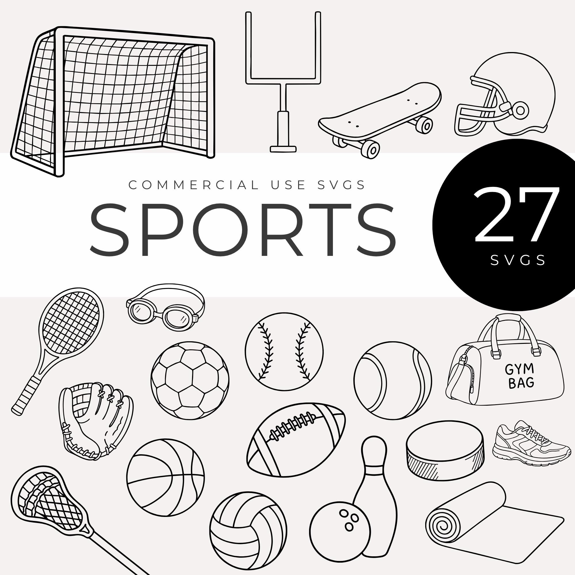 Cute Sports SVG, Black & White Monoline Line Art Icons, Outline 