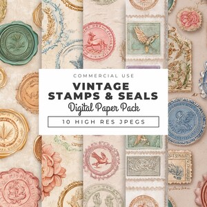 Vintage Stamps & Wax Seals Seamless Digital Paper, Instant Download, Antique Postage, Scrapbook, Junk Journal, Stationery, Ephemera Backdrop