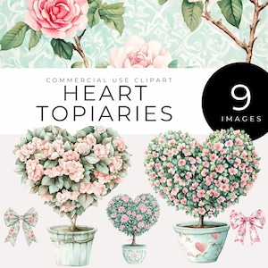 Topiarias de coração clipart, download instantâneo, desenhos florais românticos em aquarela para casamentos, dia dos namorados, convites, álbuns de recortes, artesanato