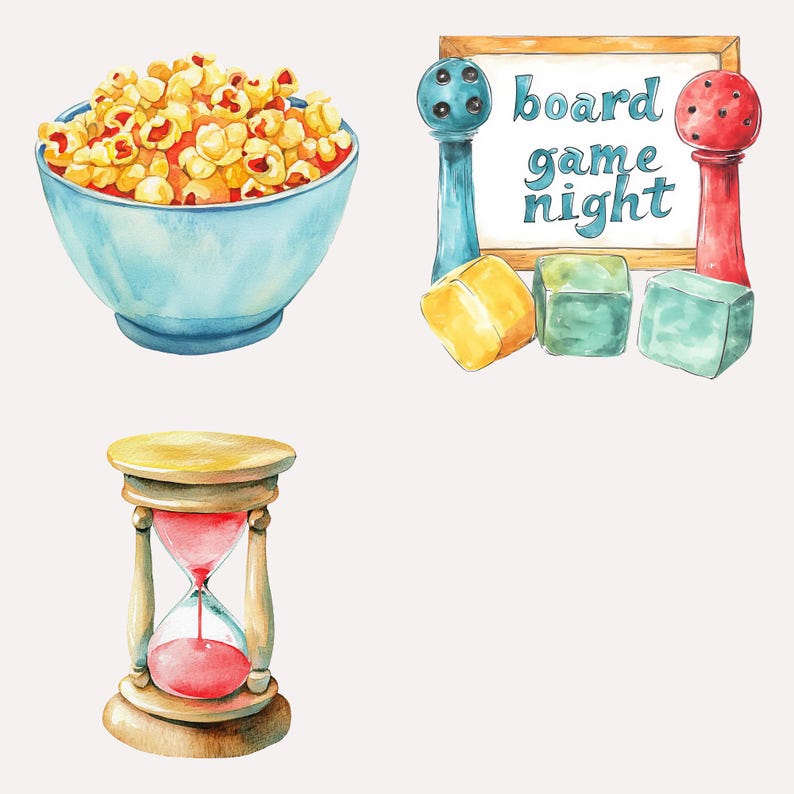 Cute Family Game Night Clipart Instant Download Watercolor Board Games