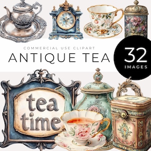 Vintage Tea Clipart Instant Download Akwarela Antyczne Czajniki, Filiżanki, Porcelana Kwiatowa, Wiktoriańskie Dekoracje Herbaciane, Zaproszenia, Scrapbooking