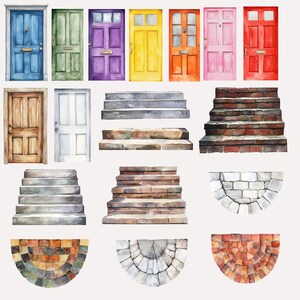 May include: A set of watercolor illustrations featuring various doors, steps, and arches. The doors are in different colors and styles, including a wooden door, a white door, a blue door, a green door, a purple door, a yellow door, a red door, and a pink door. The steps are made of stone and brick, and the arches are made of stone. The illustrations are perfect for use in scrapbooking, card making, and other craft projects.