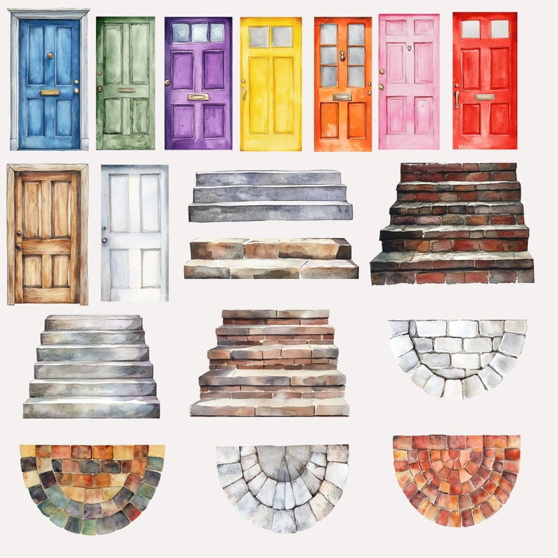May include: A set of watercolor illustrations featuring various doors, steps, and arches. The doors are in different colors and styles, including a wooden door, a white door, a blue door, a green door, a purple door, a yellow door, a red door, and a pink door. The steps are made of stone and brick, and the arches are made of stone. The illustrations are perfect for use in scrapbooking, card making, and other craft projects.