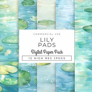 Papéis digitais de aquarela Lily Pad DOWNLOAD INSTANTÂNEO Fundos de lagoas tranquilas, designs de jardins aquáticos para scrapbooking, diário e artesanato