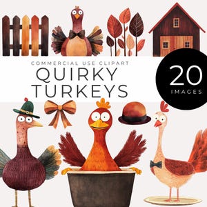 Clipart original de dinde TÉLÉCHARGEMENT IMMÉDIAT aquarelle drôles d'oiseaux de Thanksgiving, chapeaux, feuilles et grange, éléments de décoration de ferme automne lunatiques