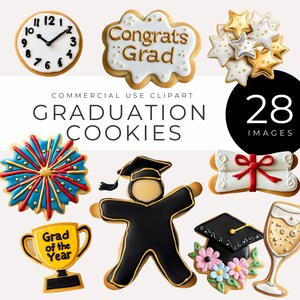 Afstuderen Cookies Clipart INSTANT DOWNLOAD Gefeliciteerd, Grad Cap, Diploma, trofeeën, vieringsafbeeldingen voor feestuitnodigingen, Decor, Scrapbook