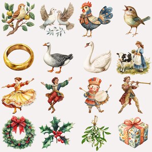 12 Days of Christmas Clipart, Vintage Holiday Illustration, Watercolor ...