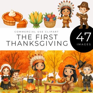 Puede incluir: Ilustración en acuarela con el texto "THE FIRST THANKSGIVING" y "47 IMAGES". La imagen presenta ilustraciones de dibujos animados de una tarta de calabaza, maíz, bayas, niños nativos americanos y peregrinos. El fondo muestra árboles otoñales.