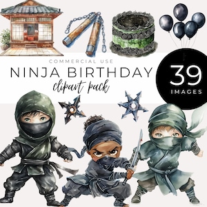 Clipart anniversaire Ninja TÉLÉCHARGEMENT IMMÉDIAT Personnages de samouraï aquarelle, étoiles shuriken et décoration sur le thème des arts martiaux pour invitations à une fête d'enfants