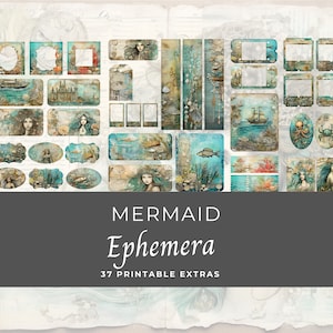Mermaid Ephemera, pacote de 37 mini extras DOWNLOAD INSTANTÂNEO Coisas efêmeras coloridas para impressão digital, artesanato em papel, folha de colagem 11 x 8,5, JJ002