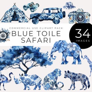 Blauwe safari toile de jouy clipart instant download vintage Franse png, chinoiserie savanne dierenafbeeldingen, babyshower uitnodigen, kinderkamerinrichting