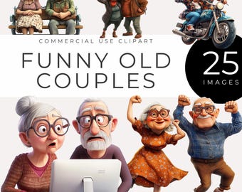 May include: A set of 25 digital illustrations featuring cartoon couples. The illustrations depict older couples in various humorous situations, such as using a computer, riding a motorcycle, and taking a selfie. The illustrations are in a cartoon style and are suitable for use in commercial projects.