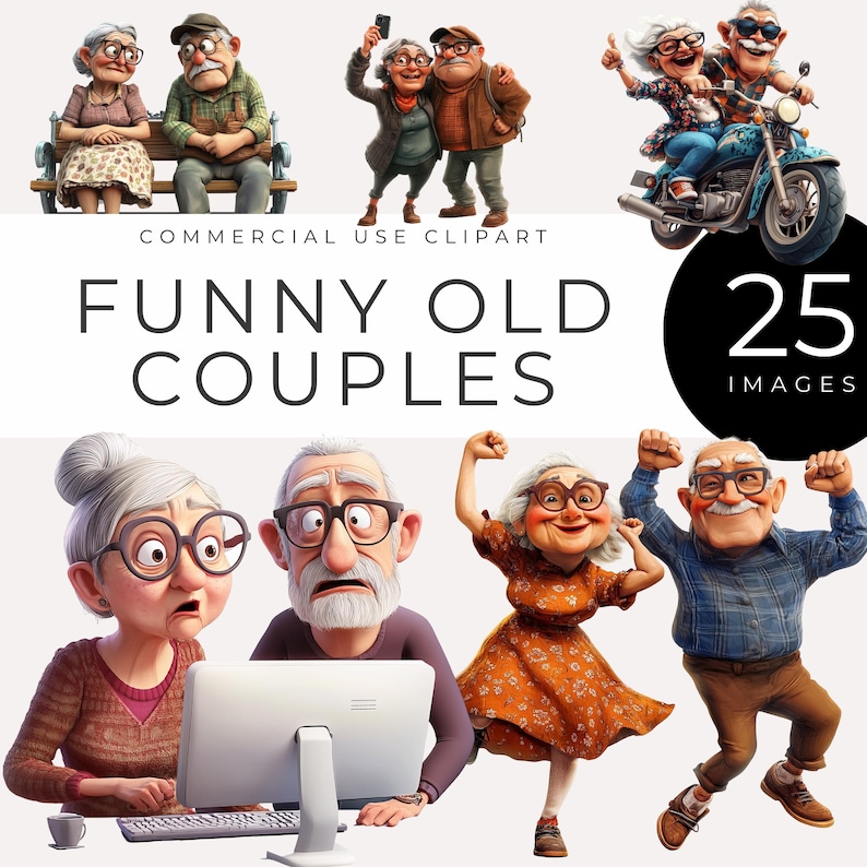 May include: A set of 25 digital illustrations featuring cartoon couples. The illustrations depict older couples in various humorous situations, such as using a computer, riding a motorcycle, and taking a selfie. The illustrations are in a cartoon style and are suitable for use in commercial projects.