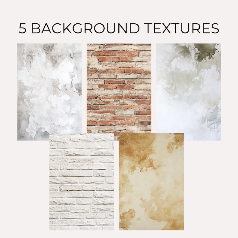 May include: Five different background textures for digital design projects. The textures include a white brick wall, a weathered brick wall, a white painted wall with cracks, a light brown paper with brown stains, and a light green painted wall with white paint splatters.