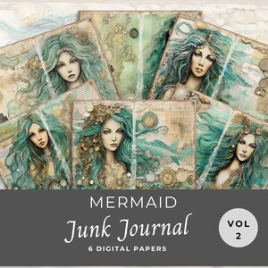 Whimsical Mermaid Junk Journal Paper Pack 2 DESCARGA INSTANTE con elementos náuticos vintage y efímera, hoja de collage 11 x 8.5, JJ002