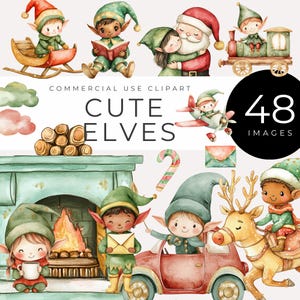 Clipart de elfos fofos de Natal - DOWNLOAD INSTANTÂNEO - Oficina do Papai Noel em aquarela, rena, trenó, balão de ar quente, scrapbooking, convites, decoração