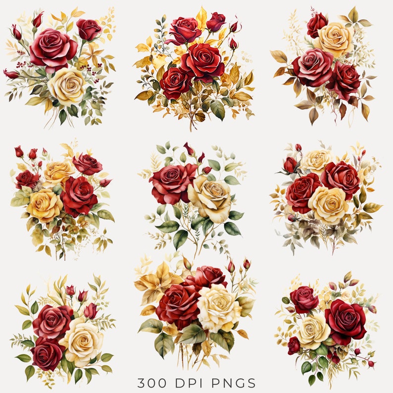 Red and Gold Rose Png INSTANT DOWNLOAD Watercolor Burgundy Clipart for