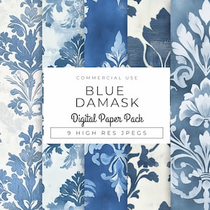Blau Damast Digitale Papiere SOFORTIGER DOWNLOAD Vintage französische Blumenmuster, Scrapbooking, druckbare Hintergründe, Kunsthandwerk, Einladungen und Dekor
