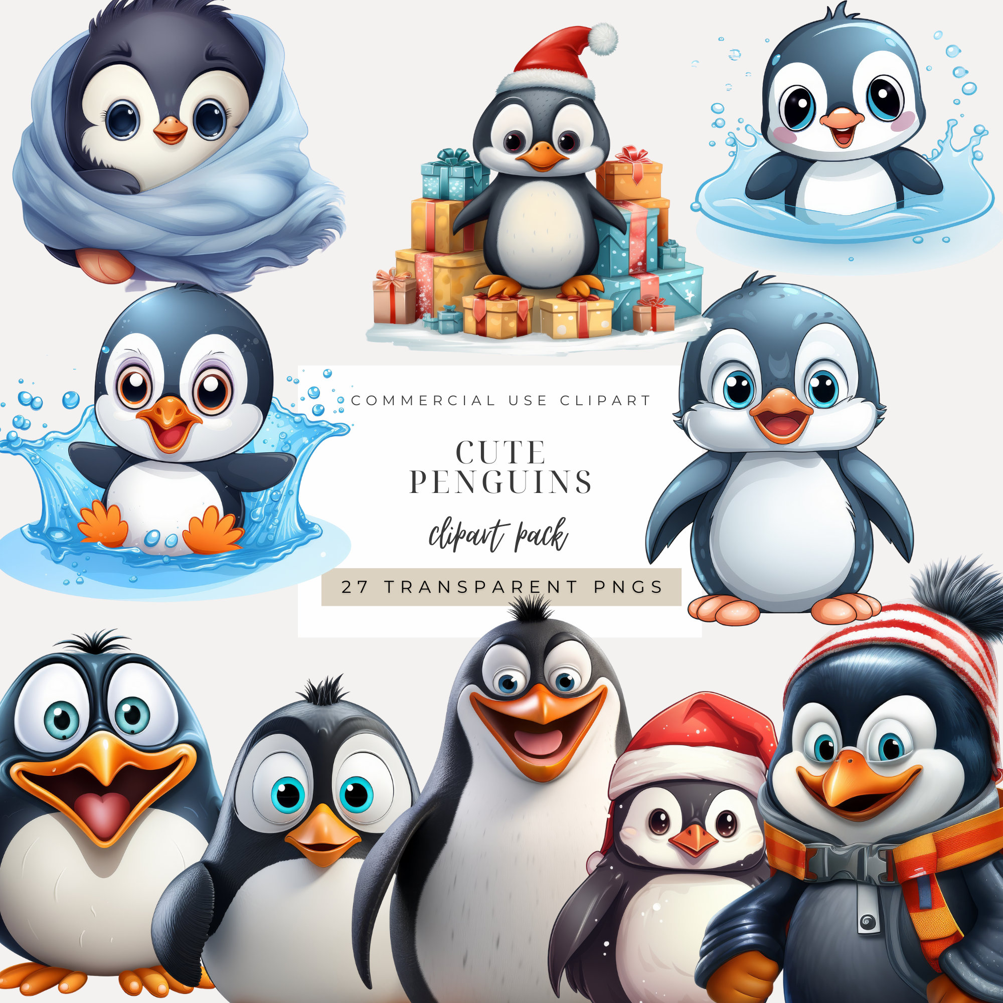 Penguin Cartoon Clipart DIGITAL DOWNLOAD Winter Animals & Cute