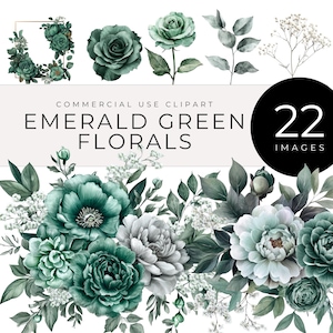 Clipart de flores verde-esmeralda, download instantâneo, peônias em aquarela, rosas, buquês e guirlandas, PNGs de folhagens para casamentos, branding, artesanato