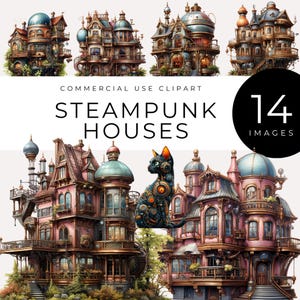 Clipart di casa steampunk, download istantaneo, PNG di edifici meccanici fantasy, arte industriale vittoriana, grafica steampunk di gatto meccanico, ingranaggio