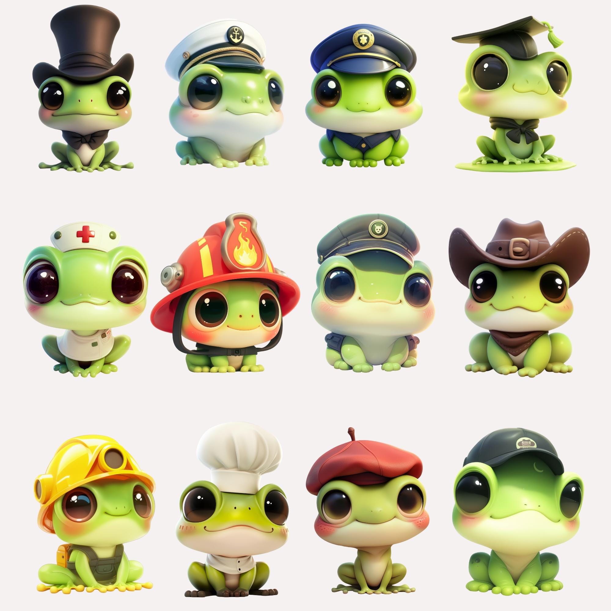 Cute Frog Clipart INSTANT DOWNLOAD 12 Chibi Kawaii Frogs Wearing Hats ...