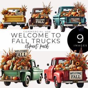 Clipart de camion de bienvenue automne TÉLÉCHARGEMENT IMMÉDIAT camionnettes vintage avec citrouilles, fleurs d'automne et décoration de récolte pour travaux manuels d'automne et cartes