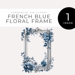 Moldura azul francesa clipart, download instantâneo, borda floral elegante estilo vintage para convites de casamento, scrapbooking, artesanato, projetos digitais