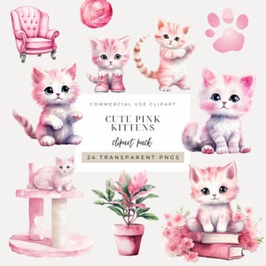 Schattige roze kittens clipart INSTANT DOWNLOAD speelse aquarel dieren en grillige ontwerpen voor kattenliefhebbers, kinderkamer inrichting, Valentijn nodigt uit