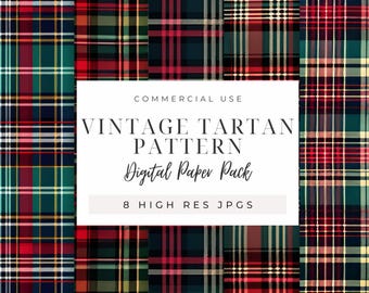 May include: Eight digital paper patterns featuring various red, green, and white plaid designs. The text "COMMERCIAL USE", "VINTAGE TARTAN PATTERN", "Digital Paper Pack", and "8 HIGH RES JPGS" is displayed on a white rectangle.