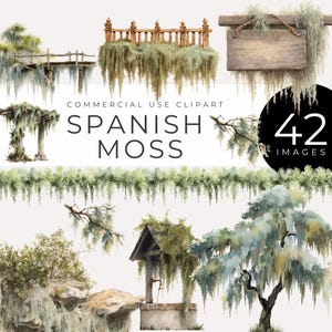 Op de afbeelding: Een verzameling aquarel clipart afbeeldingen met Spaans mos. De afbeeldingen bevatten een houten brug, een decoratief hek, een bord, een pergola en een put. De tekst "COMMERCIAL USE CLIPART" en "SPANISH MOSS" zijn ook zichtbaar.