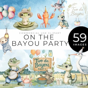 Clipart da festa no Bayou, DOWNLOAD INSTANTÂNEO, Aniversário de dois da Bayou PNG, Animais do pântano do sul em aquarela, Vida selvagem, Artesanato, Cartões, Convites