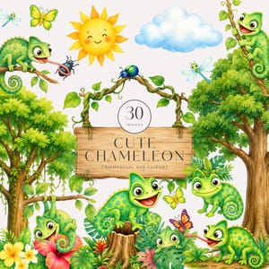 Puede incluir: Un conjunto de ilustraciones digitales que presenta camaleones verdes en varias poses entre árboles, flores, un sol, una nube e insectos. Un letrero de madera central muestra el texto 30 IMAGES CUTE CHAMELEON COMMERCIAL USE CLIPART en negro.
