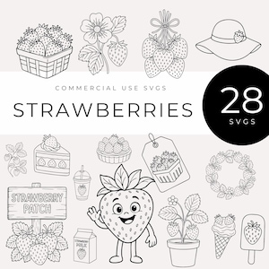 Puede incluir: Ilustraciones en blanco y negro de fresas y elementos relacionados. Incluye una cesta de fresas, una flor de fresa, un sombrero, una porción de pastel, un letrero de fresas y un personaje de fresa sonriente. También aparece el texto "FRESA".