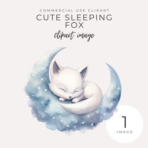 Clipart mignon renard endormi TÉLÉCHARGEMENT IMMÉDIAT Adorable renard blanc endormi sur une image de lune nuageuse, parfait pour une décoration de chambre d'enfant, invitations de baby shower
