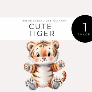 Clipart de tigre lindo, descarga instantánea, animalito de acuarela, criatura de la selva, decoración de guardería de safari, cachorro de tigre kawaii, animal salvaje digital