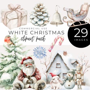 Clipart de Natal Branco em Aquarela - DOWNLOAD INSTANTÂNEO - País das Maravilhas do Inverno, Decoração de Natal com Neve, Poinsétias, Papai Noel, Pinheiros, Enfeites Rústicos