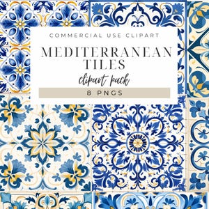 Mediterrane tegel clipart INSTANT DOWNLOAD Blauwe en gele decoratieve tegelontwerpen voor decor, kunst aan de muur en ambachtelijke projecten; 8 unieke patronen