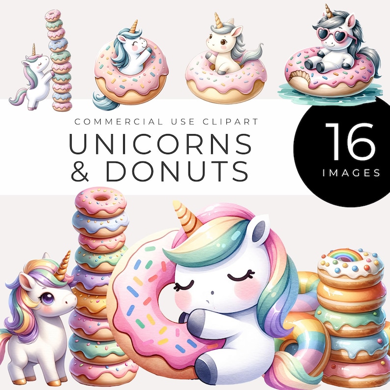 Adorable Unicorn and Donut Clipart Pack, Instant Download, Pastel