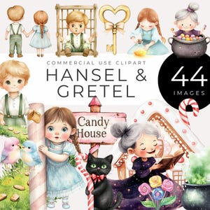 Clipart de Hansel e Gretel em aquarela DOWNLOAD INSTANTÂNEO Imagens de contos de fadas, bruxa, casa de doces, crianças, elementos de história para artesanato, scrapbooking