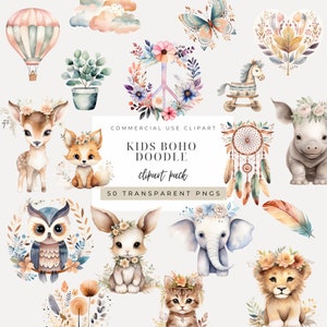 Clipart de garabatos bohemios, descarga instantánea. Imágenes prediseñadas de acuarela para guardería y garabatos infantiles de flores, animales, plumas y más; PNGs para baby shower.
