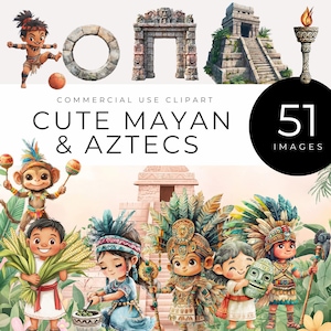 Cute Mayan & Aztec Civilization Clipart, Instant Download, Ancient Mesoamerican, Warriors, Pyramids, Temples, Gods, for Scrapbooking, Crafts