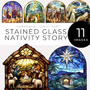 Glasmalerei Krippe Clipart SOFORTIGER DOWNLOAD Aquarell Christliche Weihnachten, Biblische Geburt von Jesus, Kunsthandwerk, Dekor, Sonntagsschule